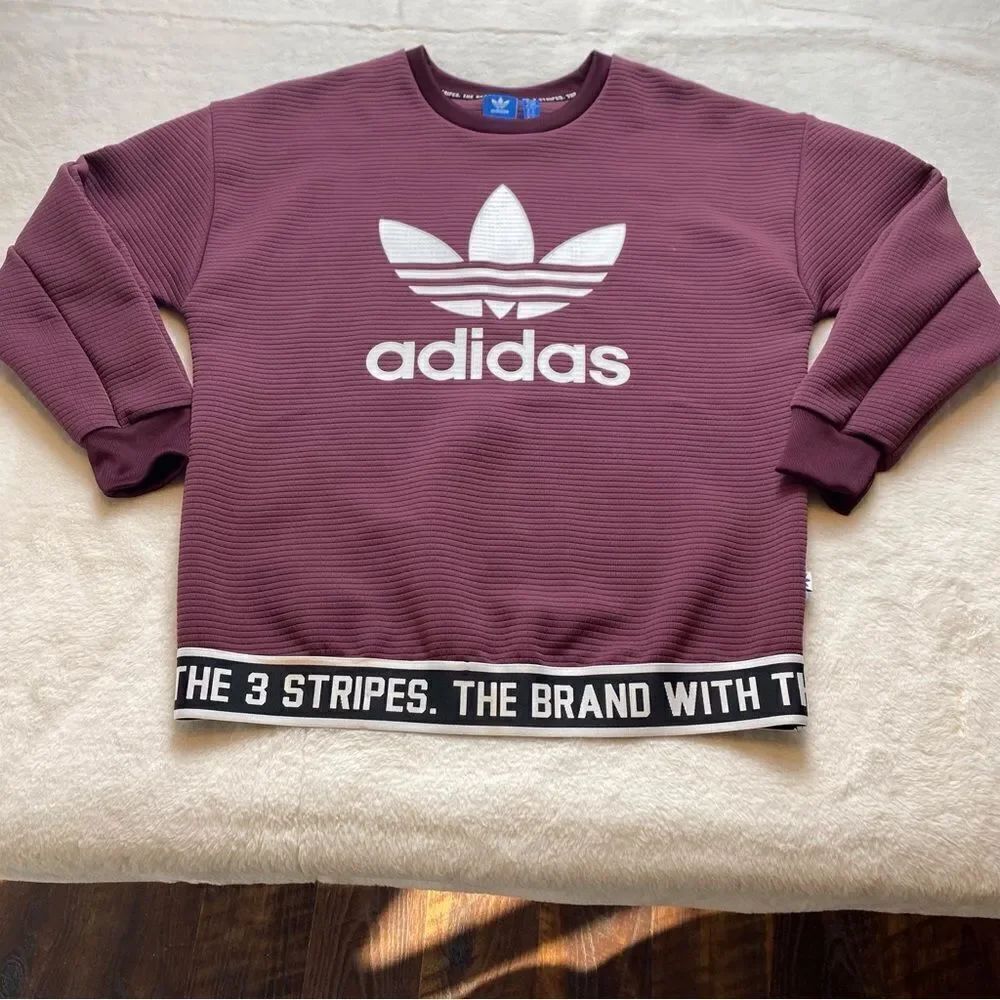 Adidas Trefoil 3 Stripes Logo Textured Sweatshirt Maroon Size XS